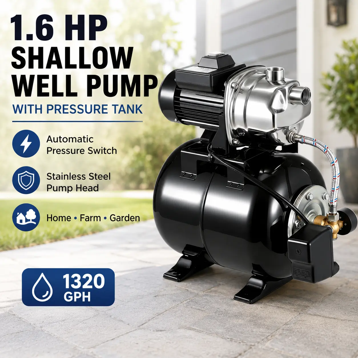 1.6HP Shallow Well Pump with 5-Gallon Pressure Tank, 1320 GPH Stainless Steel Water Pump for Home, Garden & Farm