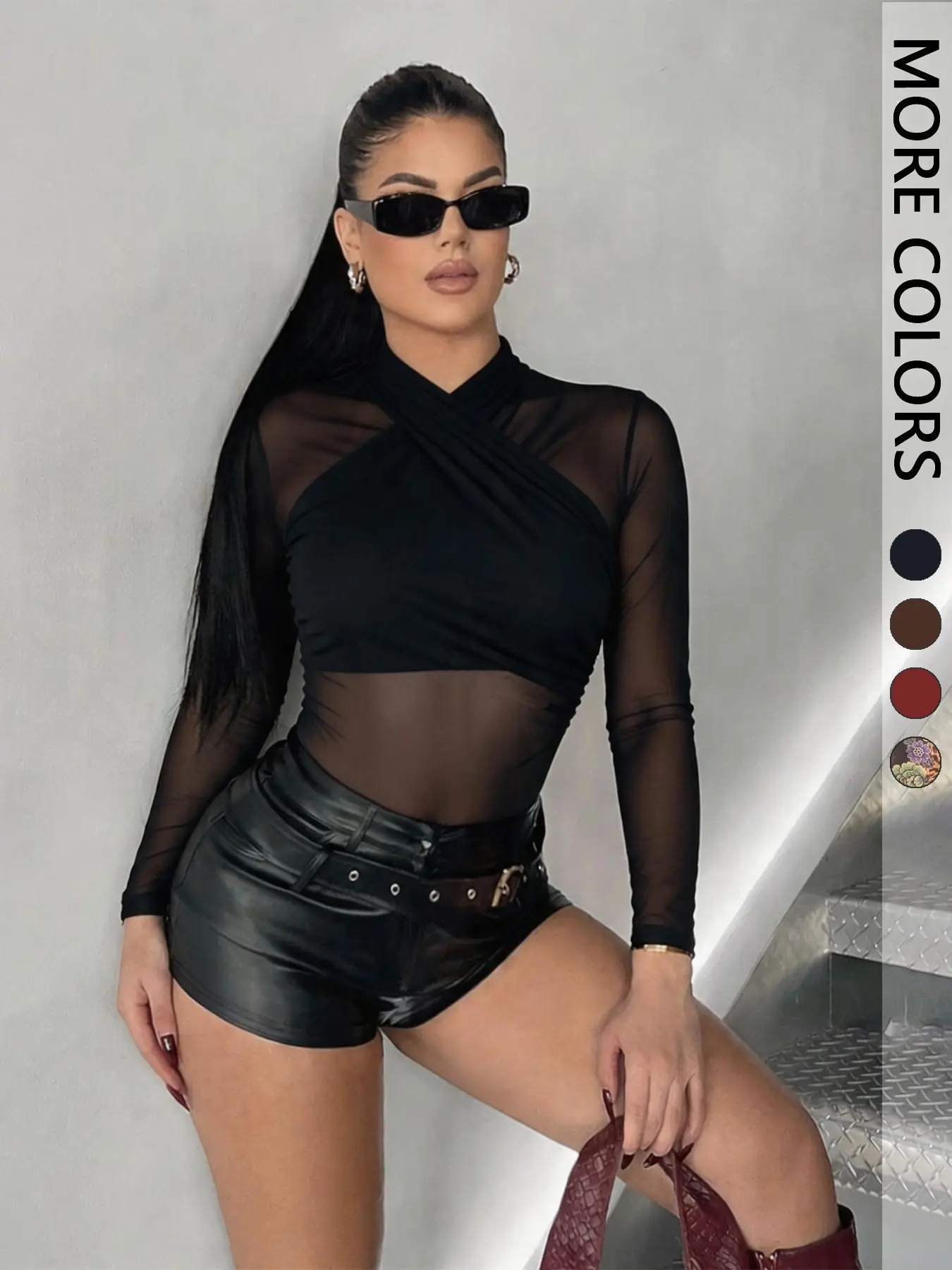 1PC Y2K Cross Half High Neck Mesh Sheer Jumpsuit, Slim Fit Elastic Long Sleeve, Elegant Floral Pattern, All Seasons Fashion Top