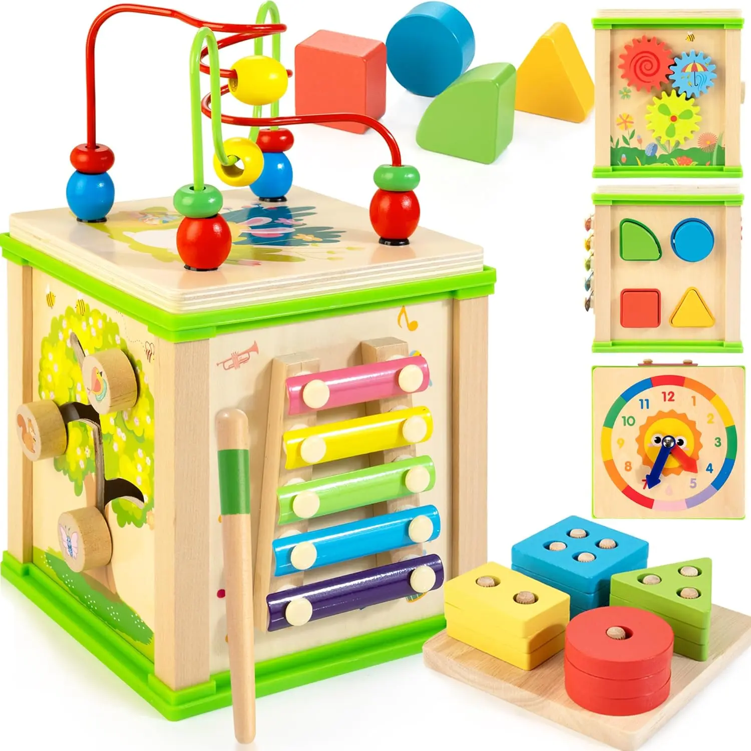 Wooden 7-in-1 Activity Cube| Montessori Toys for 1 Year Old Toddlers| Baby Educational Developmental Toys |One Year Old Boys Girls First Birthday Gifts |Bonus Sorting & Stacking Boardfidget toys