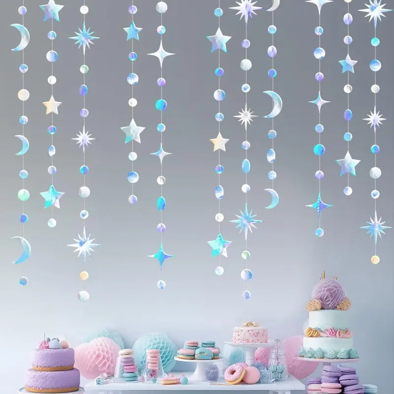 4 Pack Iridescent  Moon Circle Dot Garland, 46ft Holographic   Moon Dot Ceiling Streamer Decorations for Birthday Wedding  Shower Eid Mubarak Ramadan Christmas  Year Party Décor