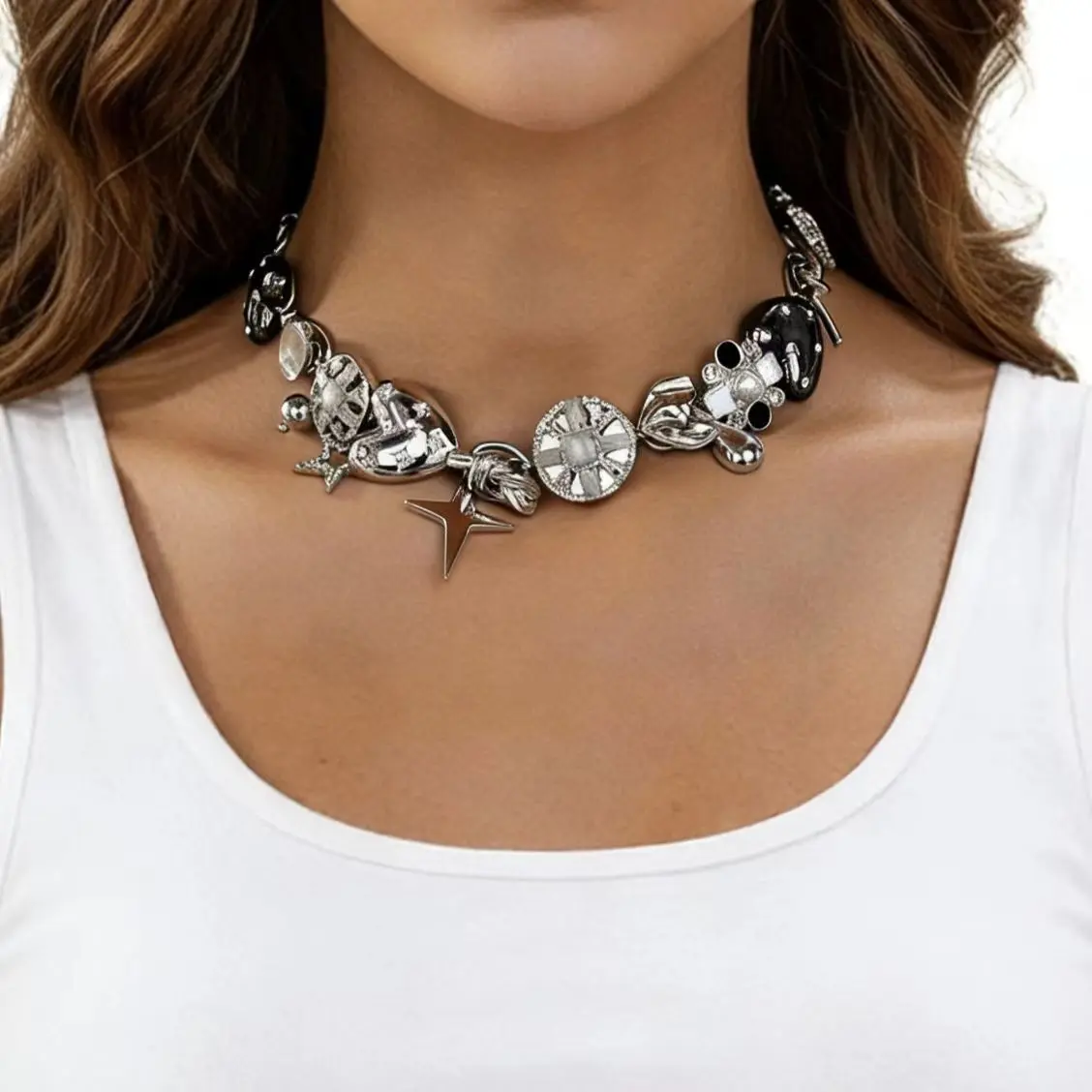 1pc Vintage Punk Rock Vibe Metal Love Flower Star Pendant Necklace Fashion Versatile Choker Chain Party Music Festival Accessory Unique Trendy Fashion Cool Accessories