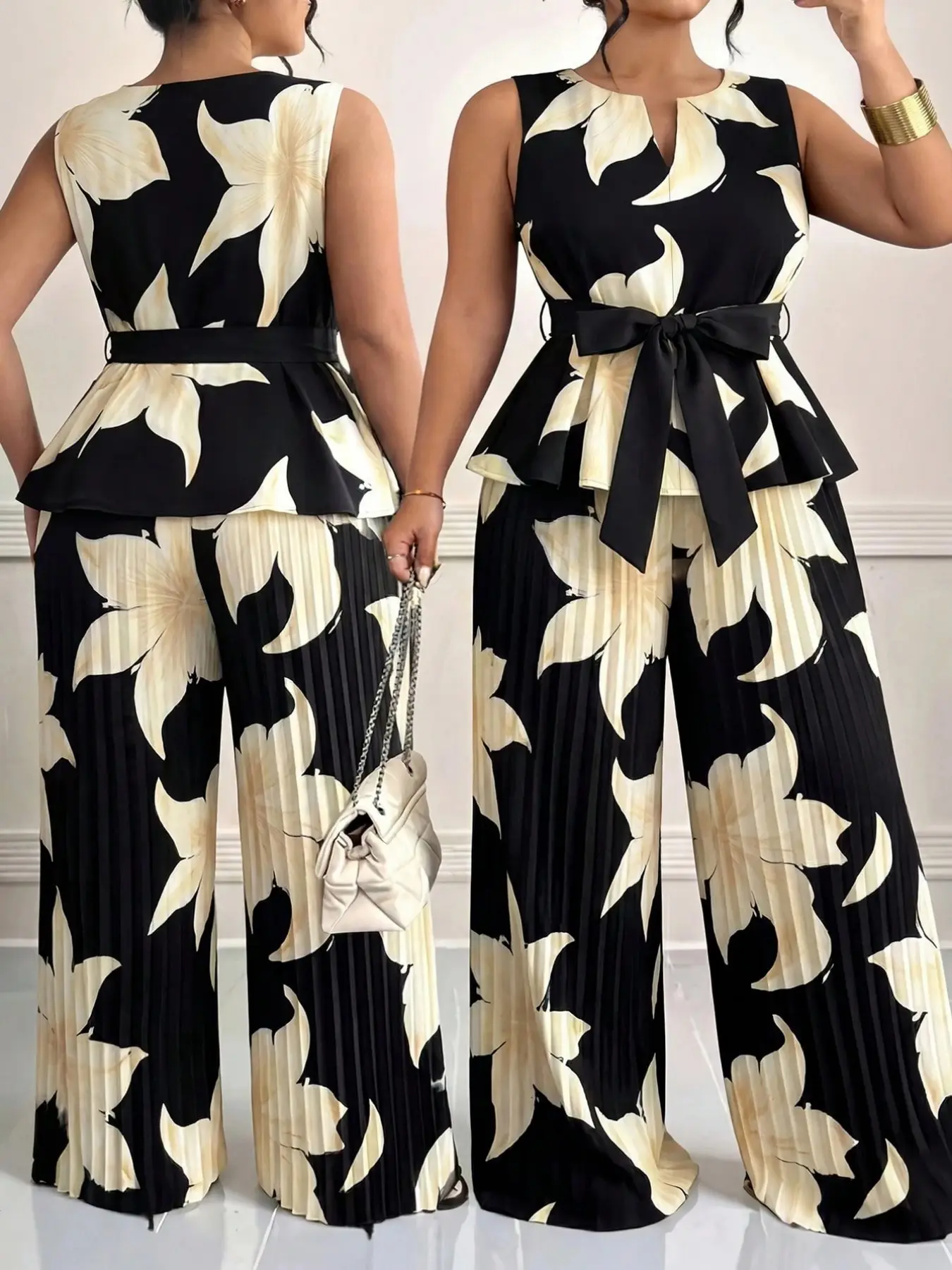 Women's Plus Size 2 Piece Outfits Floral Print Sleeveless Peplum Top Pleated Wide Leg Pants Set Tie Waist V-Neck Plisse Summer Vacation Chic Trendy Clothes