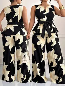 Women's Plus Size 2 Piece Outfits Floral Print Sleeveless Peplum Top Pleated Wide Leg Pants Set Tie Waist V-Neck Plisse Summer Vacation Chic Trendy