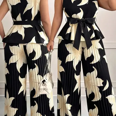 Women's Plus Size 2 Piece Outfits Floral Print Sleeveless Peplum Top Pleated Wide Leg Pants Set Tie Waist V-Neck Plisse Summer Vacation Casual Chic Trendy Feminine Clothes Two Piece Outfit