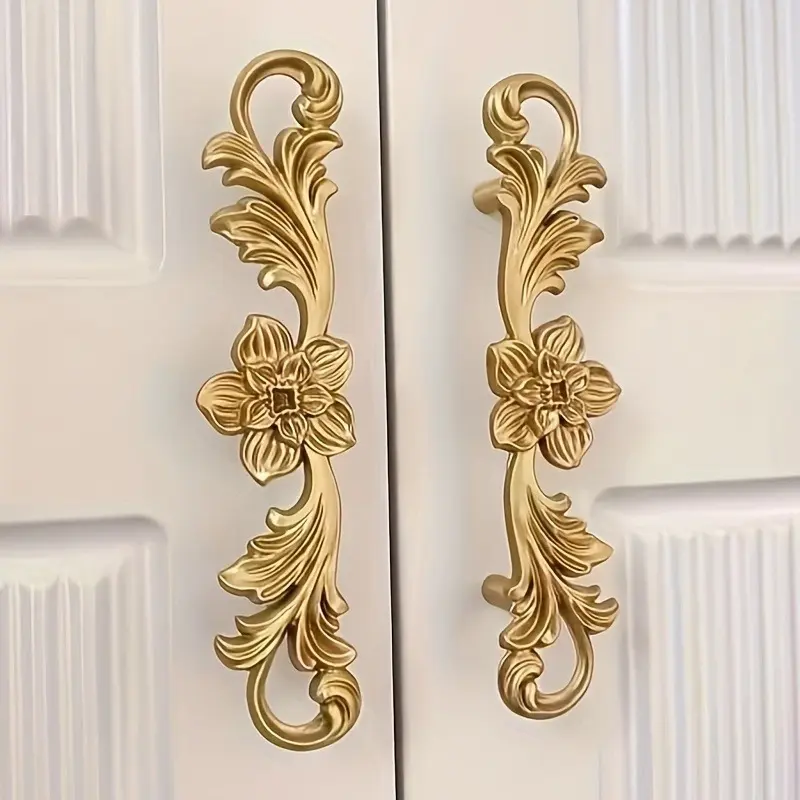 Luxury Cabinet Handles – Polished Gold Floral Branch Engraving | 2-Pack Drawer Pulls | Kitchen/Closet Upgrade | Vintage Modern Mix & Match