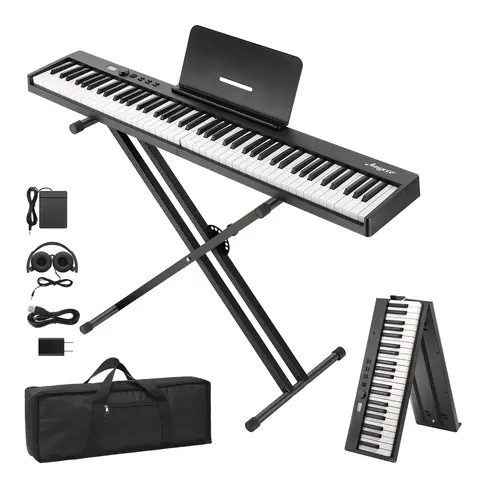 Garvee 88-Key Portable Collapsible Piano Keyboard – Full-Size, Touch Sensitive, Electronic, Headphones, Pedal, Carrying Bag, Note Stickers, 128 Tones, MIDI Support, Battery-Operated – For Beginners & Experienced Players – Black