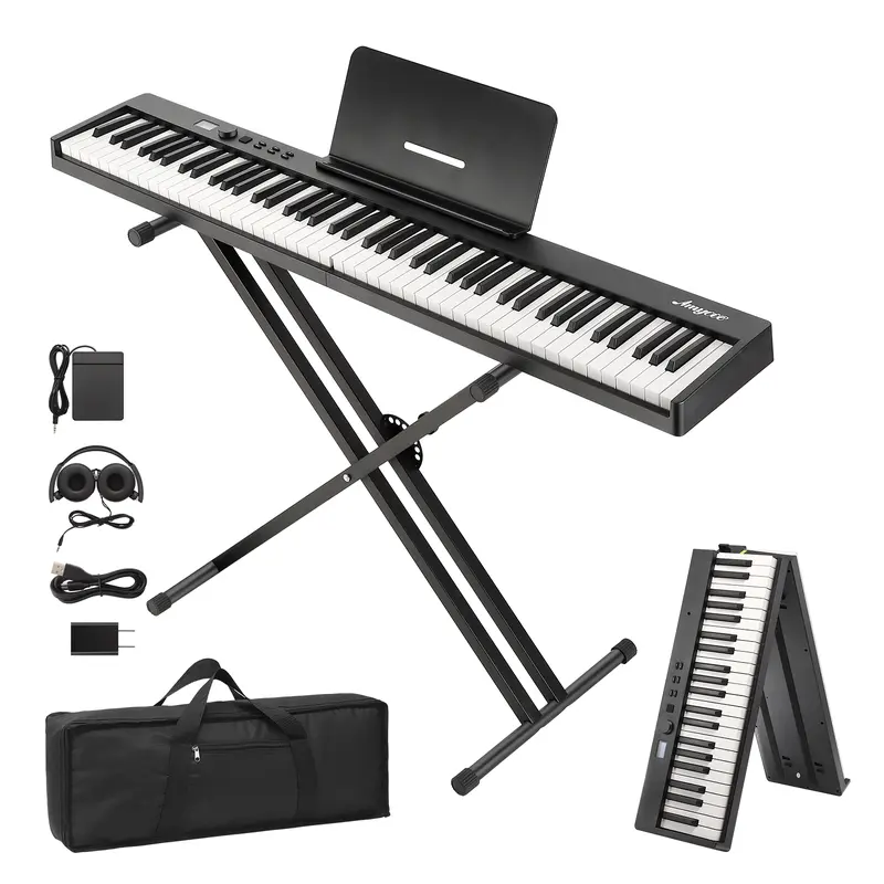 Garvee 88-Key Portable Collapsible Piano Keyboard – Full-Size, Touch Sensitive, Electronic, Headphones, Pedal, Carrying Bag, Note Stickers, 128 Tones, MIDI Support, Battery-Operated – For Beginners & Experienced Players – Black