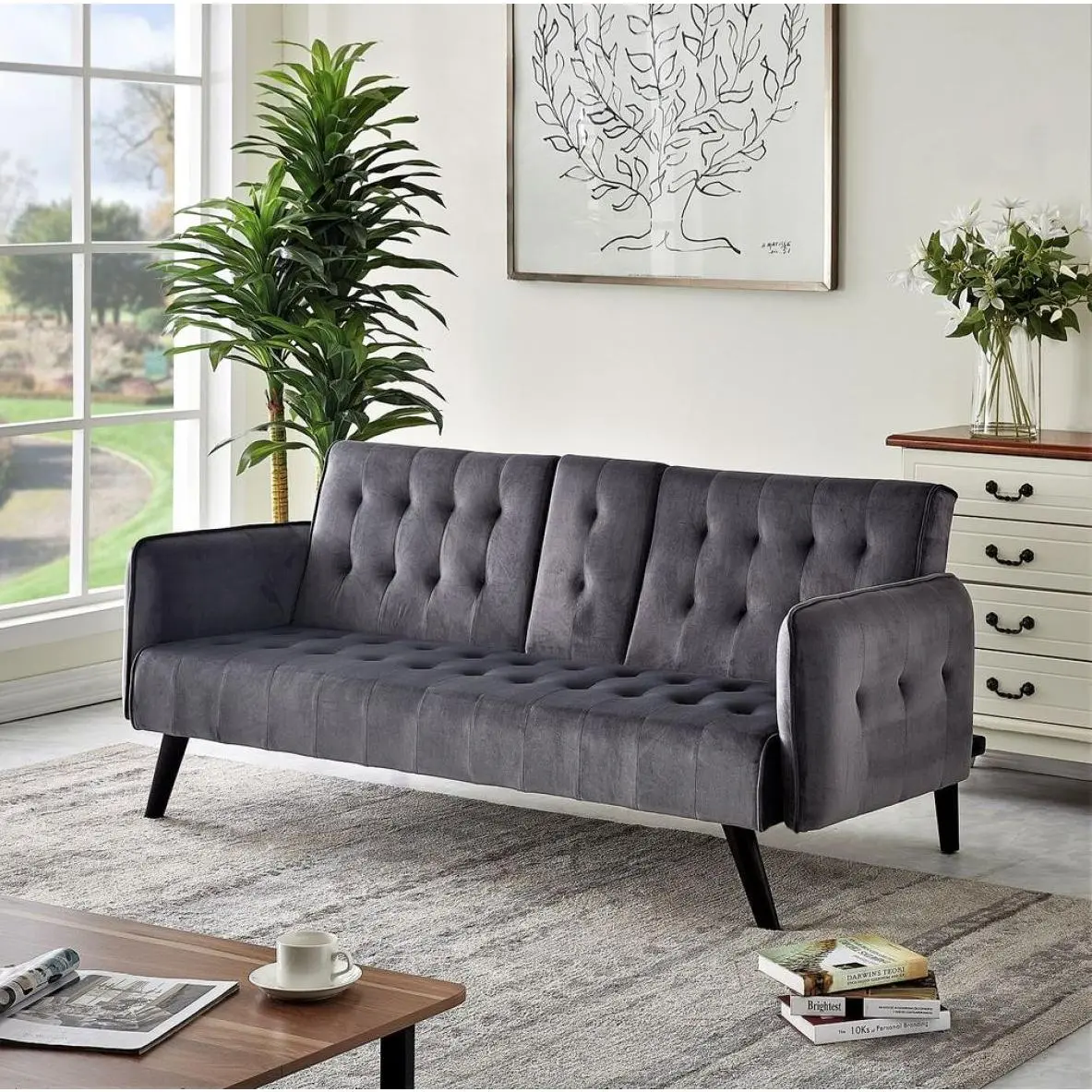 3-Seater Convertible Sofa Bed - 72x33x32 in Dark Grey Velvet Futon Sofa Bed, Tufted, Cup Holders, 2-in-1 Conversion, Flat Surface, Mid-Century Modern for Living Room, Small Spaces