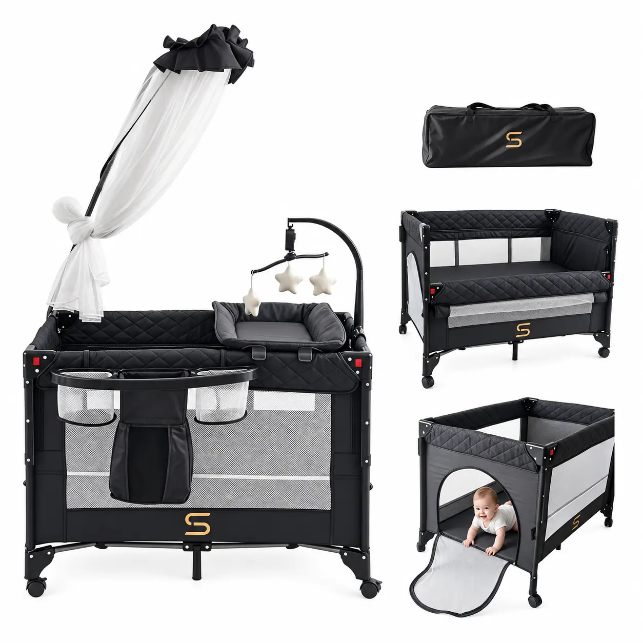 6-in-1 Baby Playard with Bassinet and Changing Table, Pack and Play Travel Crib with Bedside Sleeper, Foldable Portable Baby Crib with Lockable Wheels, Mosquito Net, Music Mobile Toys, Diaper Storage and Carry Bag for Newborn Infant