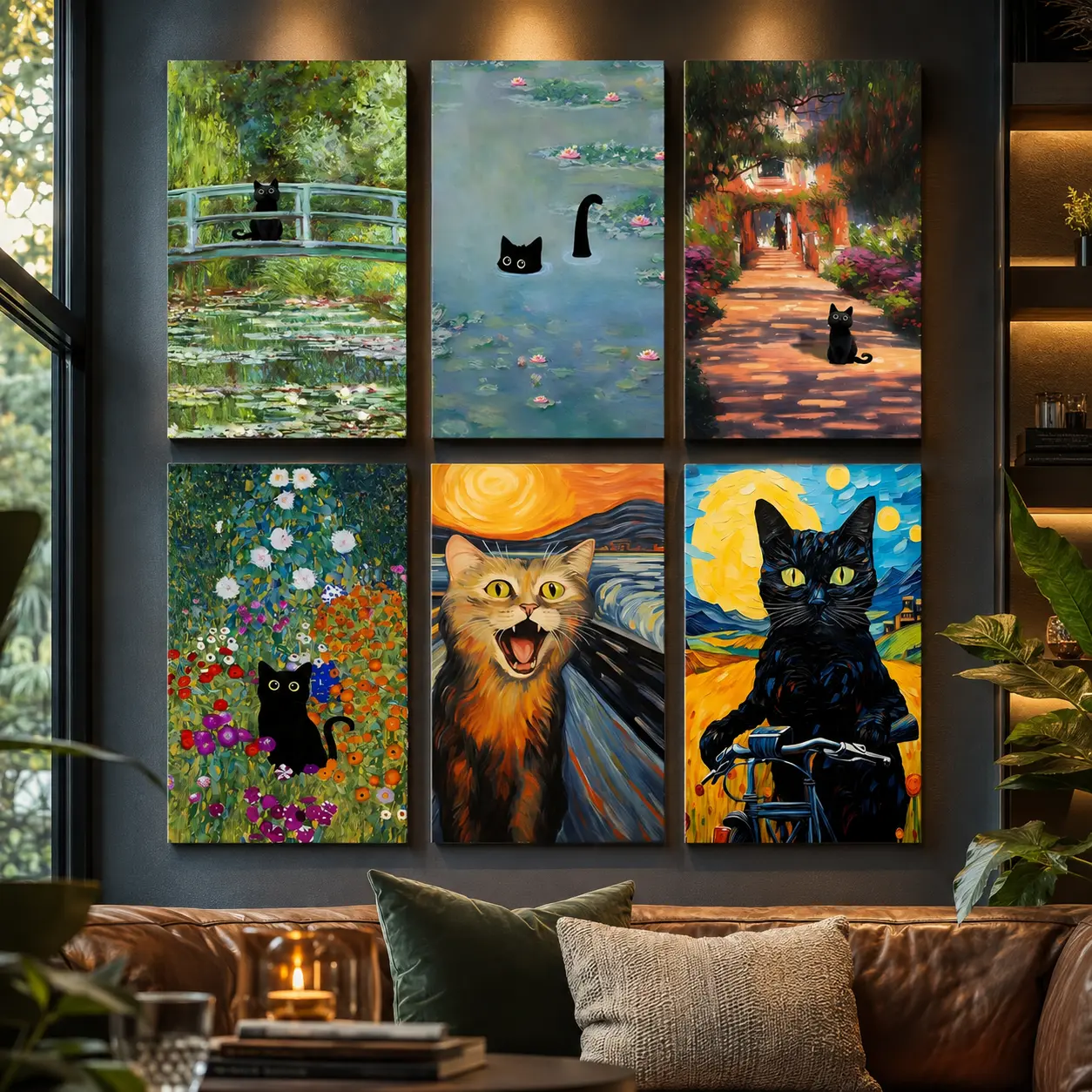 Cat & Bathroom Pattern Canvas Painting, Vintage Aesthetic Cat Wall Art Print, Funny Water Lilies Pet Artwork Decor for Bedroom Bathroom Living Room, Cute Animal Home Decoration, Whimsical Modern Poster, Cat Lover Gift Idea