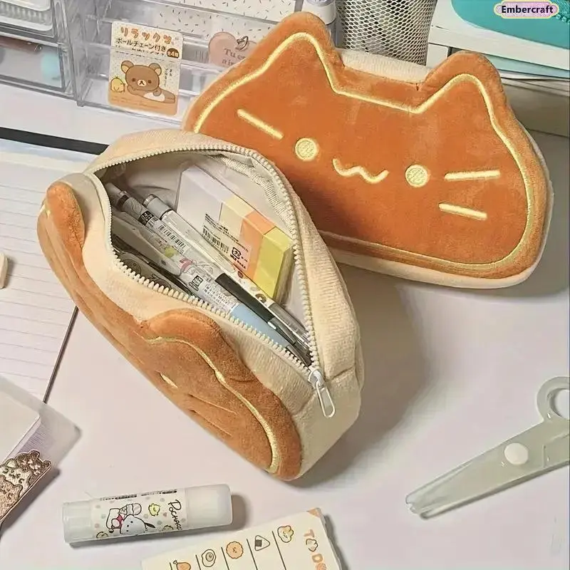 Cartoon Cute Cat Plush Zip Pencil Case - Large-Capacity Soft Stationery Storage Bag, Aesthetic Desk Organizer, Teen Girl Back-to-School Fashion Accessory Gift, One Size