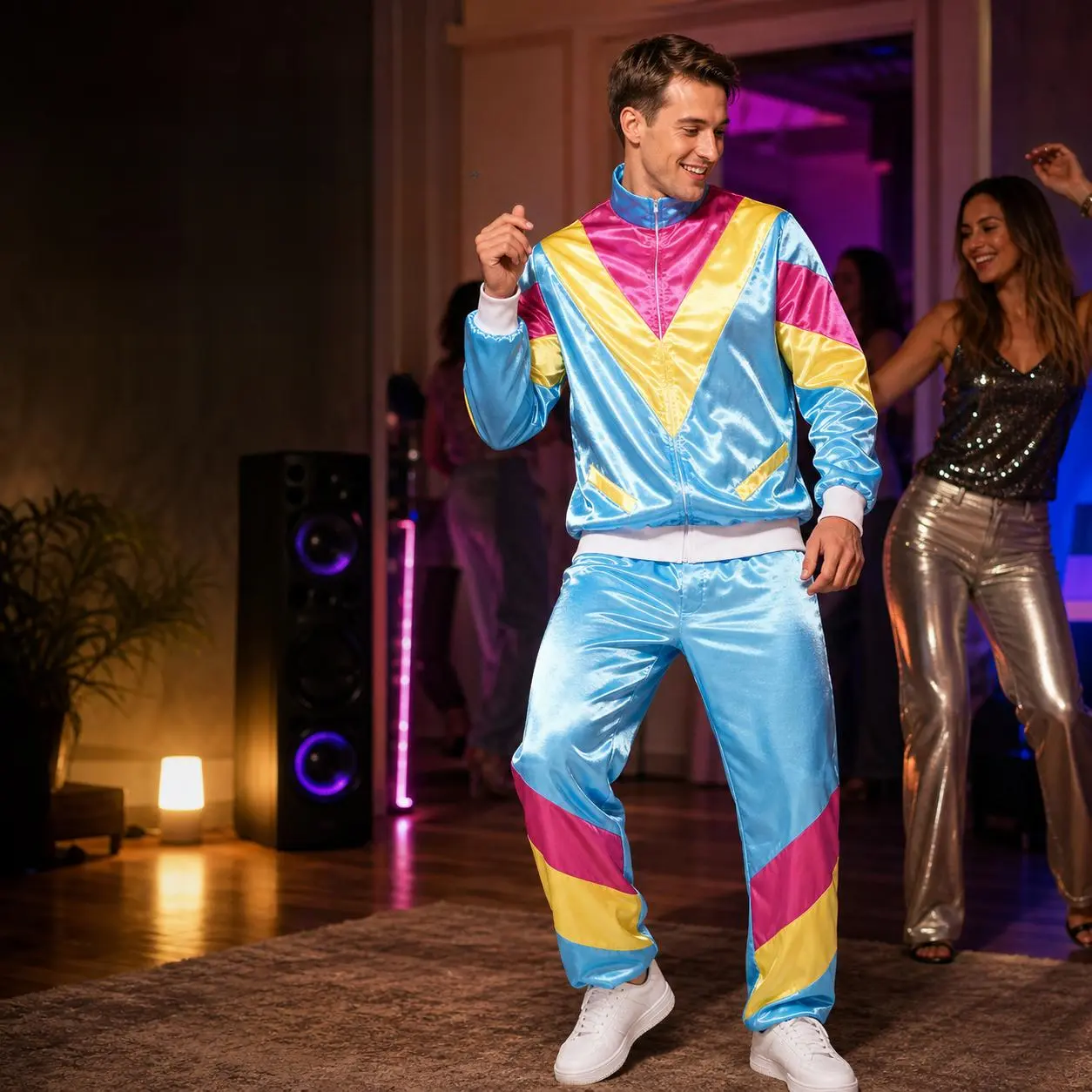 Adult 80s Disco Tracksuit Costume Set, Color Block Zip Jacket and Pants for Halloween Party, Retro Theme Events & Stage Wear