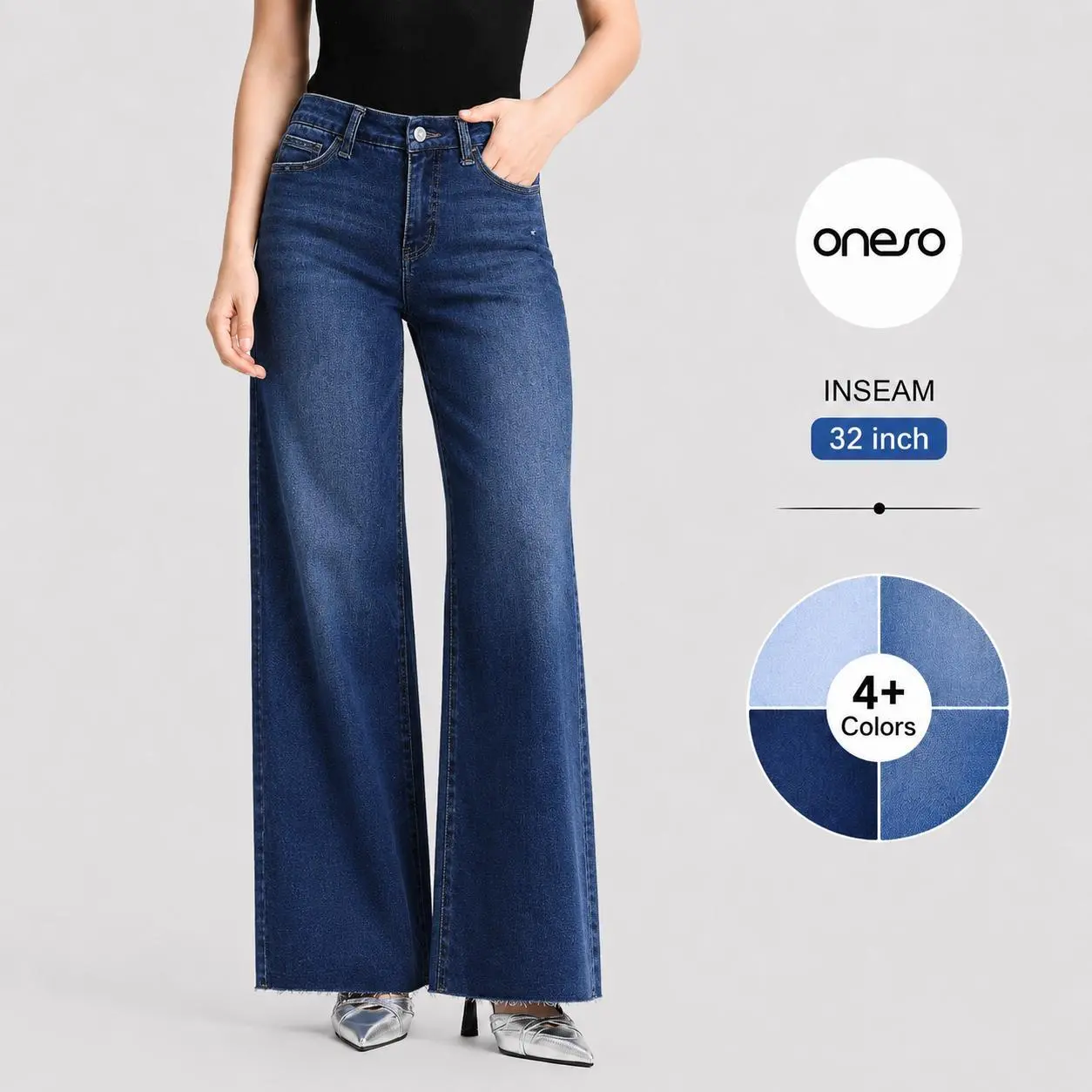 ONESO Stretch Wide Leg Jeans for Women BBL Fit Mid Rise Raw Hem Distressed Denim Pants Daily Streetwear
