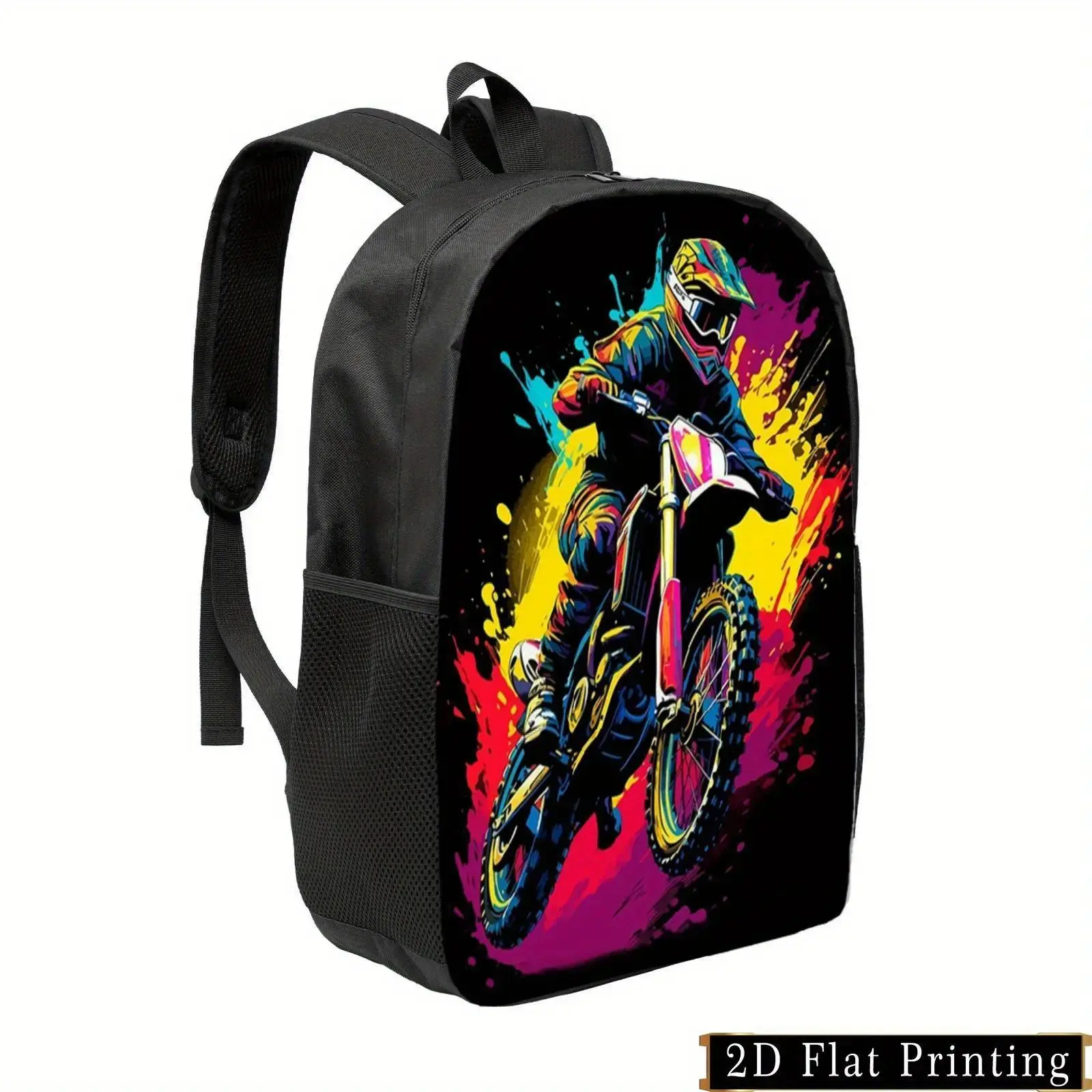 Unisex Synthetic Casual Backpack with Vibrant Motorcycle Rider Graphic Print - Lightweight, Large-Capacity, Foldable Daypack, Adjustable Shoulder Straps, Side Pockets, Easy Access Zip Closure for School, Travel