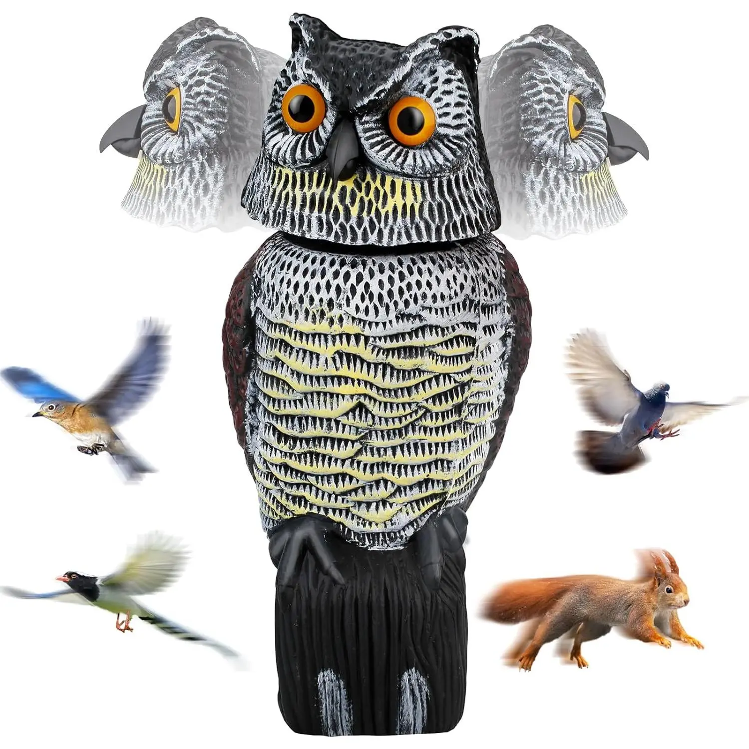 Owl Decoys to Scare Birds Squirrels Away, 360 Rotating Head Activated, Fake Owl Statues Repellent Pest Hawk Squirrel Cats Chickens Pigeon Bird Deterrents for Outside Garden Patios Backyard