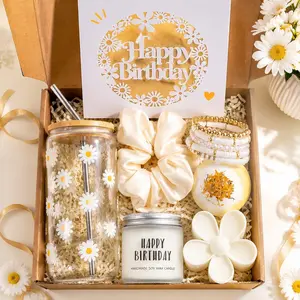 7-Piece Birthday Gift Set for Women & Teen Girls, Cute Daisy Design Glassware Basket, Perfect Birthday Present for Sisters, Daughters, Friends