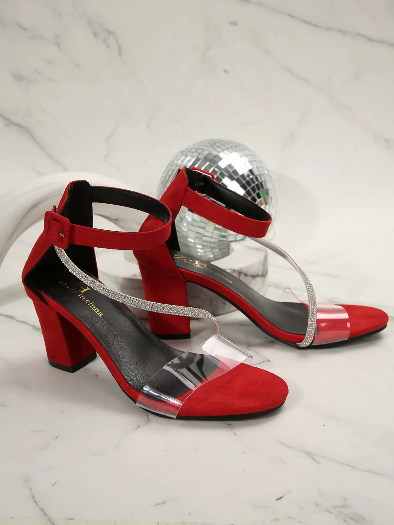 Women Clear Rhinestone Strap Block Heel Sandals, Ankle Strap Transparent PVC Chunky Heels, Party Date Night Summer Footwear, 2 Colors Black Red