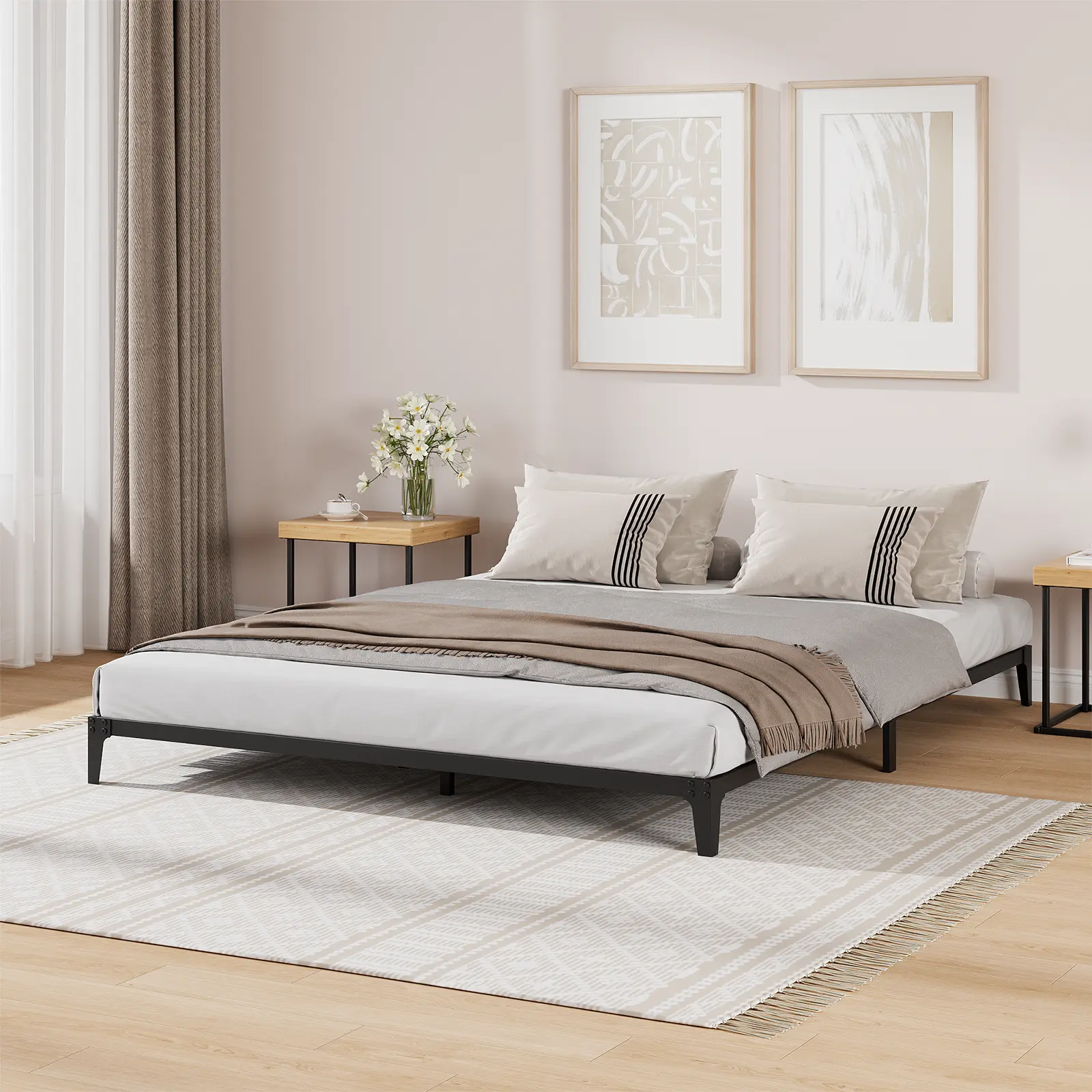 Full Low Profile 6 Inch Metal Platform Bed Frame Matte Black Heavy Duty Steel Slat Mattress Foundation
