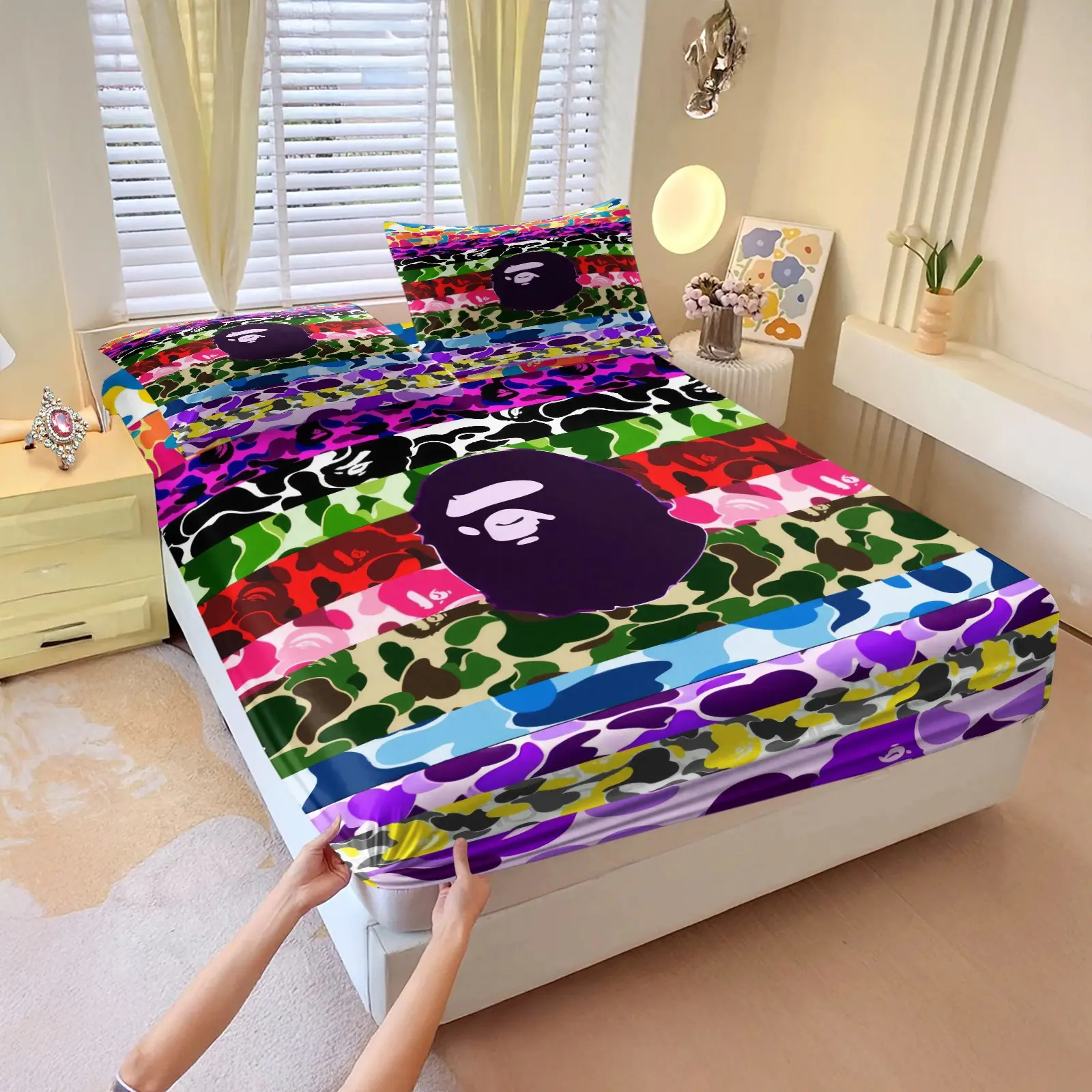 Camouflage Monkey Head Pattern Fitted Sheet Set, 3Pcs Digital Print Bedding Set, Bed Sheets Set, Soft Microfiber Fabric, All Season, Perfect for Teen Boy Bedroom and Dormitory. 2 Pillowcase, No Filling