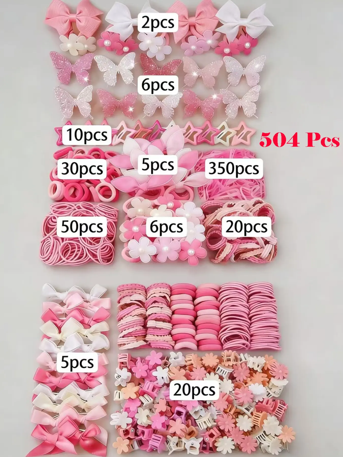 500pcs/Set Girls' Pink Bowknot Hair Clips, Cute Princess Hair Accessories, Hair Accessory Set, High Elastic Durable Non-Damaging Hair Ties, Hair Bands, Rabbit Ear Hair Rings, Versatile Duck Clip Barrettes, Suitable For Daily Use