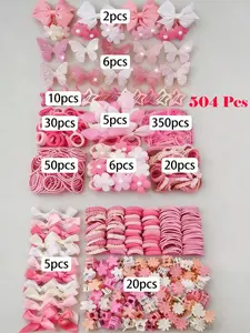 500pcs/Set Girls' Pink Bowknot Hair Clips, Cute Princess Hair Accessories, High Elastic Durable Non-Damaging Hair Ties, Hair Bands, Rabbit Ear Hair Rings, Versatile Duck Clip Barrettes, Suitable For Daily Use