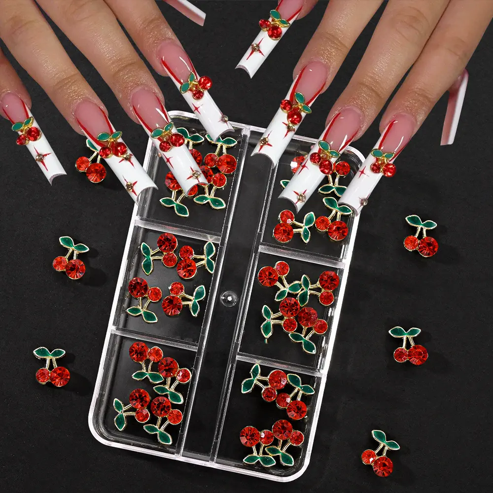 12 Grids Red Butterfly Strawberry Heart Nail Charms, Alloy & Resin 3D Nail Decorations, Cute Stereo Nail Ornaments for DIY Nail Art Craft Supplies
