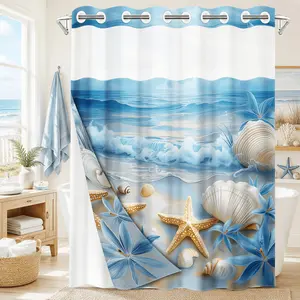 1PC 2D Flat Double Layer Printed Shower Curtain, Coastal Theme Beach Style Decor, Clear Top Window & Detachable Snap-In Liner, Starfish Seashell Wave Print, Waterproof & Mildew Resistant, Thick & Washable Bathroom Curtain (No Hooks Included)