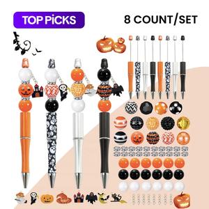 8pcs black orange halloween pumpkin devil castle bat theme diy bead ballpoint pen acrylic bead diy set diy bead supplies, paired with colorful halloween pendant, suitable for office and study supplies for party and birthday gifts to friends