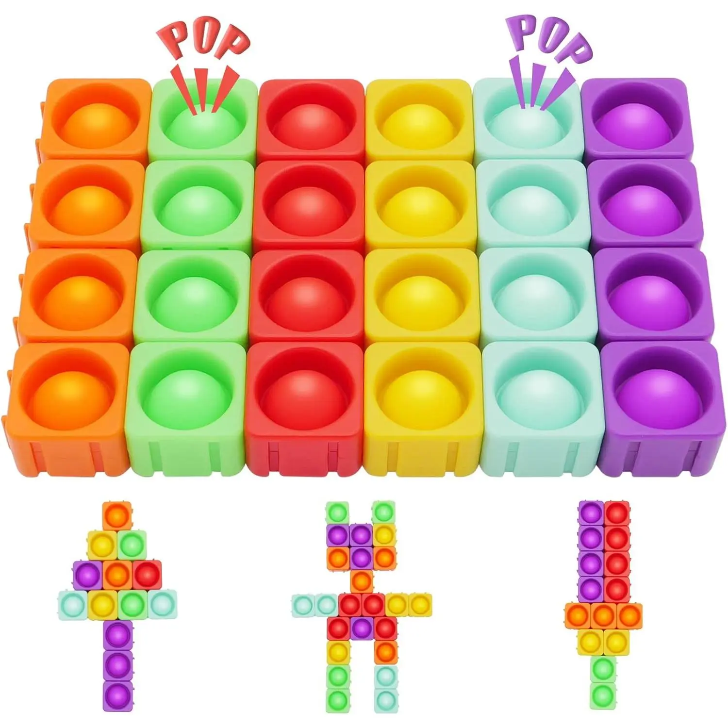 Pop Blocks Fidget Toys, Rainbow Silicone Popper Infinity DIY Building Blocks CVC Words Learning Phonics Color Recognition Game Anxiety Stress Reliever Autistic Sensory Toy (Rainbow)fidget toys