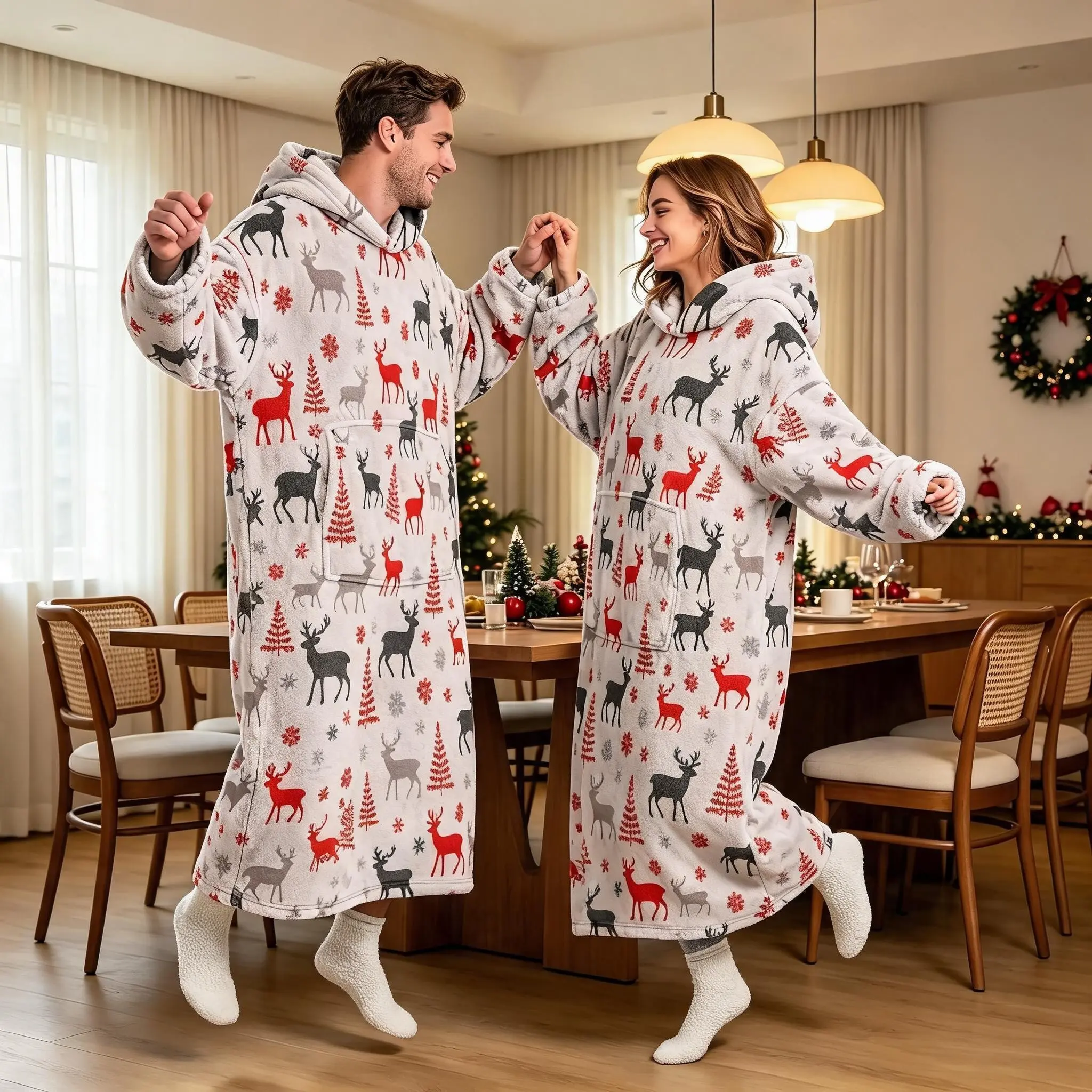 Flannel Hooded Wearable Blanket, Christmas Reindeer & Tree Pattern, Soft Touch One-Piece Sleep Robe, Perfect Gift for Wife, Mom, Partner