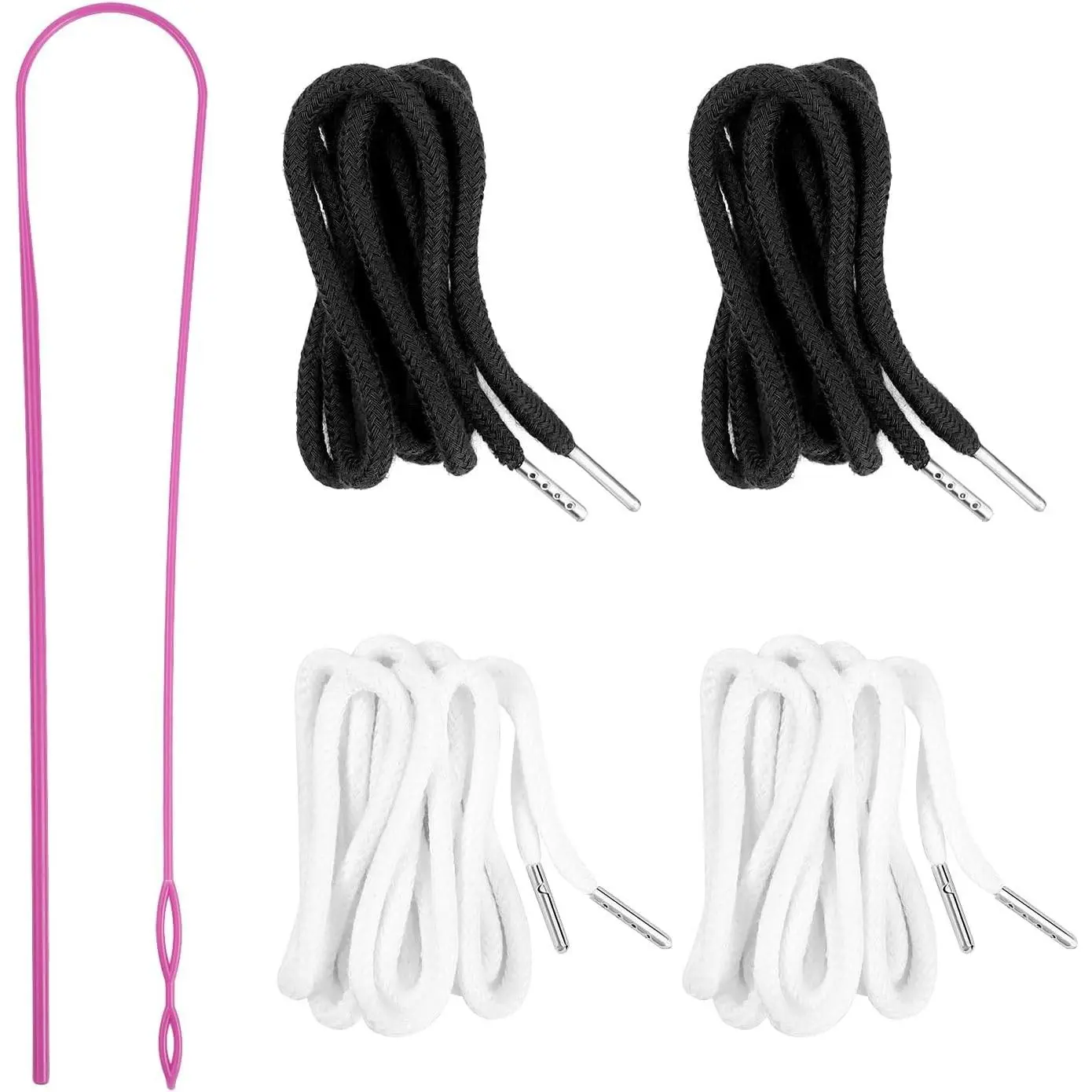 Women's Replacement Cords Set - 4Pcs Drawstring Cords with 1 Threader Tool, 51in for Sweatpants, Jackets, Swim Trunks (2 Black, 2 White)