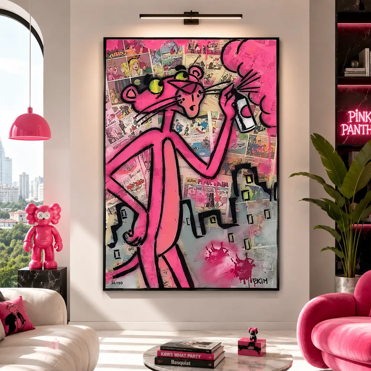 Pink Panther Graffiti Art Modern Canvas Painting - Waterproof, Wipe-Clean 12x18 in Wood-Framed Colorful Poster/Print, Home Decor Wall Art for Living Room, Kid Room, Graffiti Wall Art, Cartoon Poster, Street Art Decor, Kids Room Decor, Canvas Prints