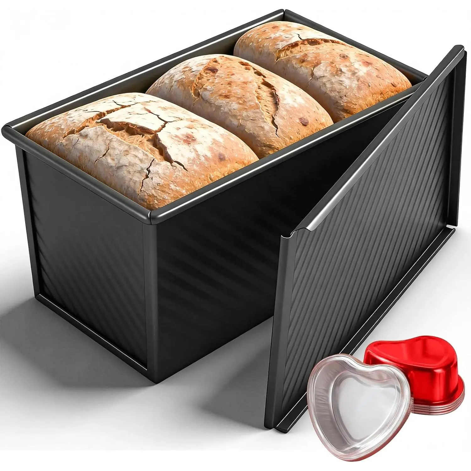 【5 Bonus Heart Shaped Cake Pans 】 Pullman Loaf Pan with Lid, 1 lb Bread Loaf Pan Non-Stick Carbon Steel, Square Bakeware for Sandwich, Shokupan,  de Mie, Sourdough, Toast, Black
