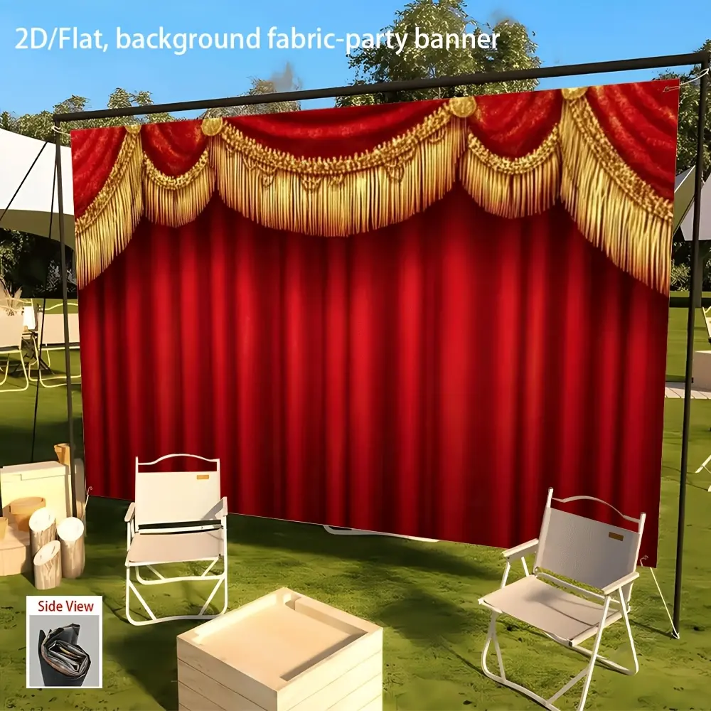 Luxury Red Theater Curtain Backdrop with Golden Trim, Elegant Polyester Banner for Wedding, Birthday Party, Stage Event, Home Decoration
