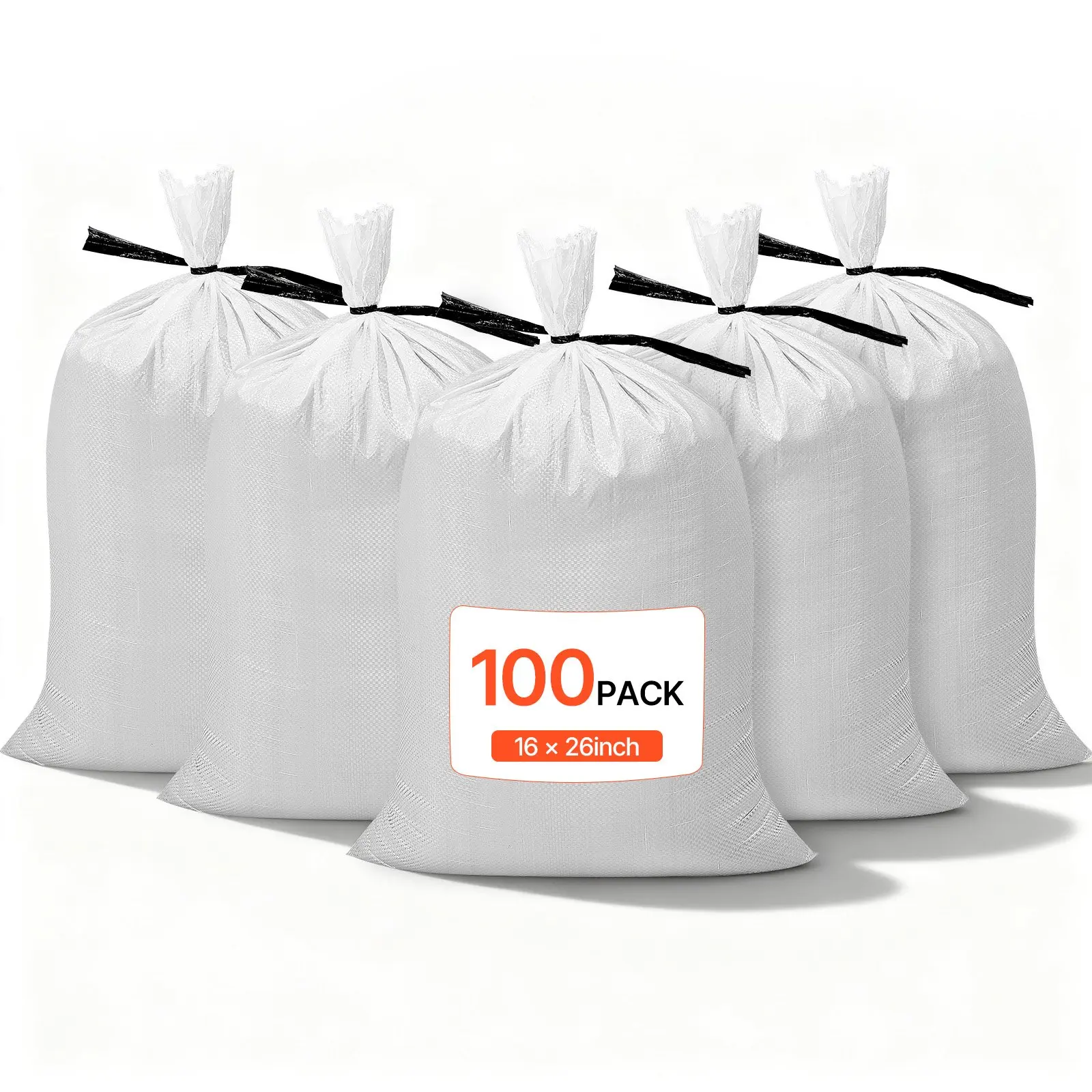 VEVOR Empty Sandbags, 100 Packs 16x 26 in, Heavy Duty Sand Bags Sacks with Ties, 50lb Capacity Woven Polypropylene Sandbags, Tear-Resistant UV-Resistant Sand Bags for Flood Protection Barrier