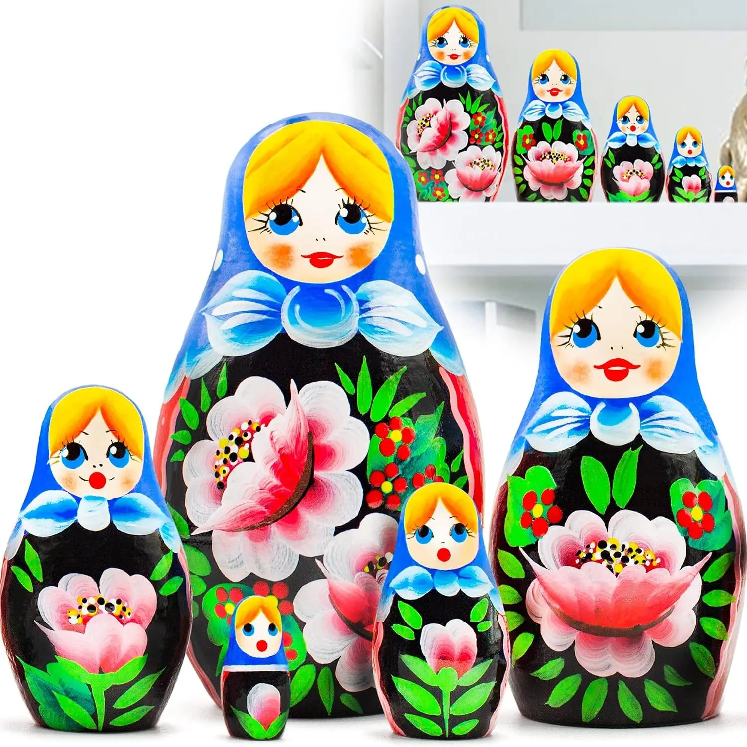 Set of 5 Hand Painted Russian Nesting Matryoshka Dolls with Rose Decor, Folk Art Stacking Dolls for Home Decoration