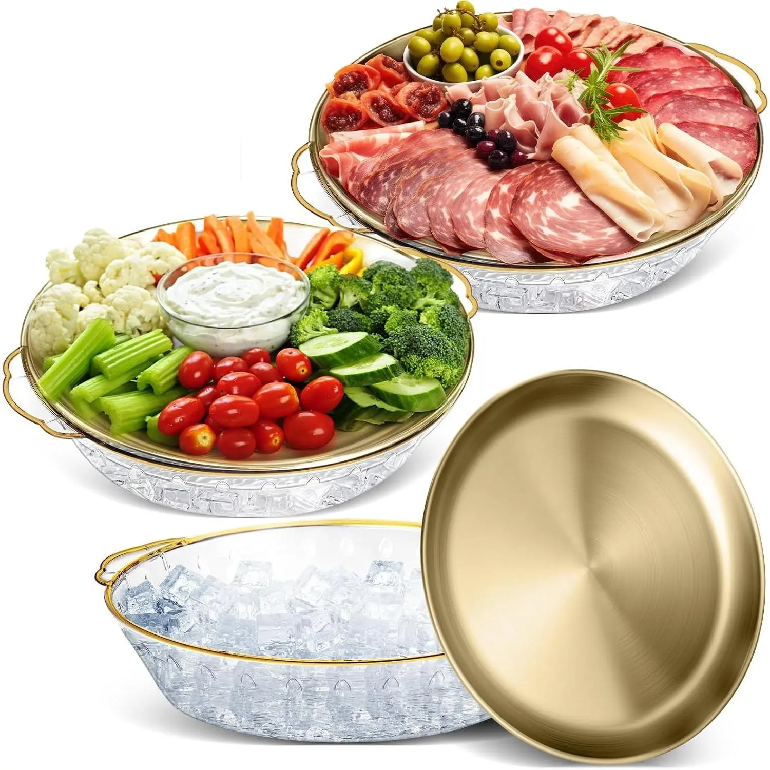 Gold 3-Set 11.8 in Chilled Serving Tray with Compartments - Party Platter, Charcuterie Board for Fruit, Seafood, Vegetable, Shrimp Cocktail Cold Dishes & Dips