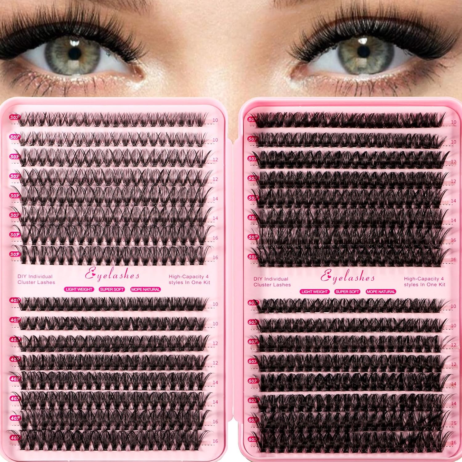 DIY Individual Lash Natural Clusters 640 Clusters, 30D 40D 50D 60D 4 in 1 High Capacity Lash Extension Kit Lightweight Super Soft Fake Eyelashes,Lash Applicator for Self Use