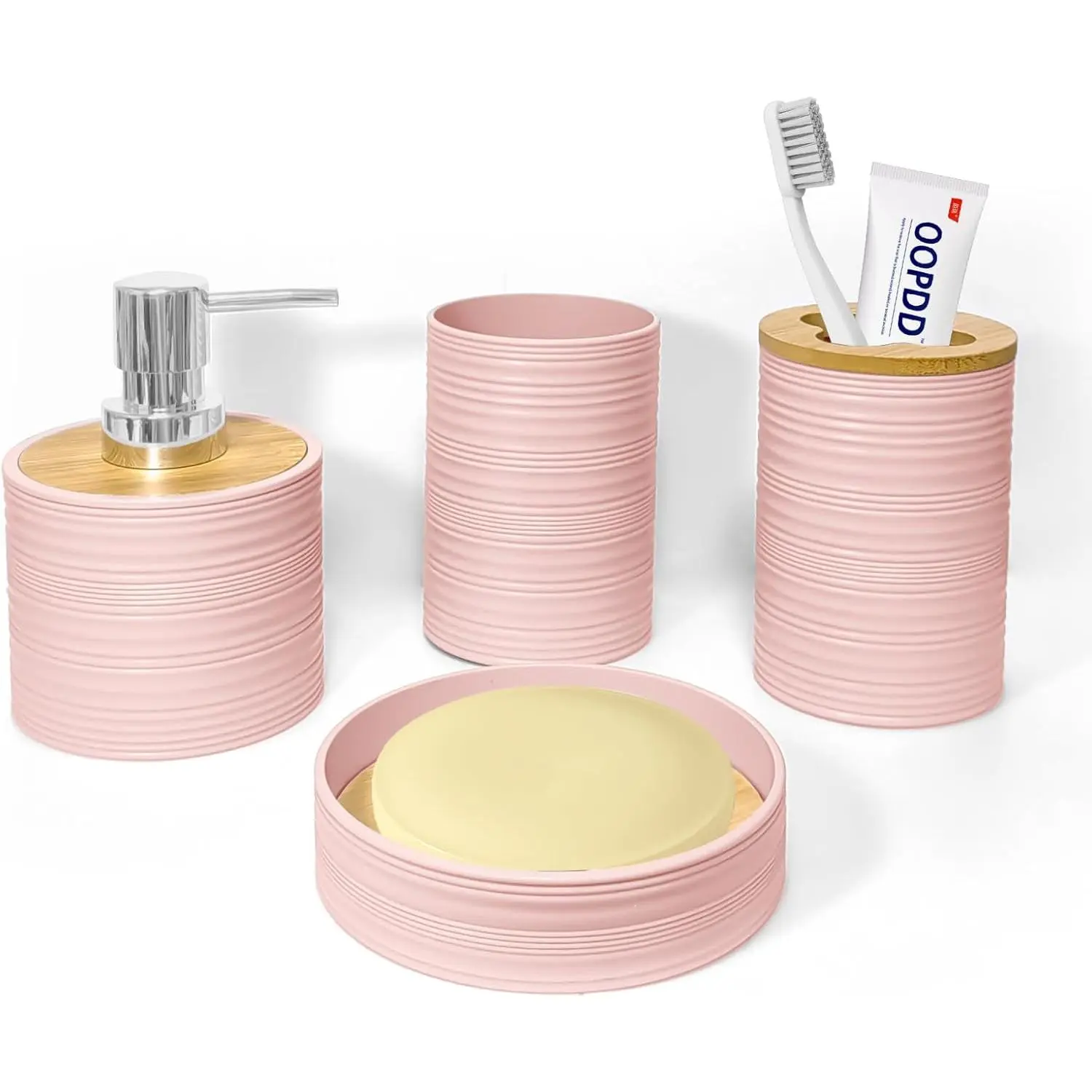 Bathroom Accessories Set 4 PCS, Bathroom Sets Accessories, Bamboo Bathroom Accessory Set Includes Soap Dish, Soap Dispenser, Toothbrush Holder, Toothbrush Cup, Boho Bath Decor(Light Pink)