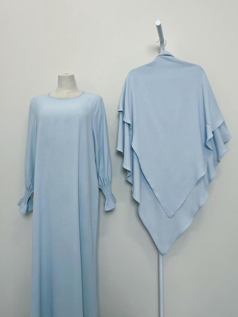 Women's 2-Piece Solid Color Long Sleeve Dress & Hijab Set, Modest Outfit for Daily Wear, Women's Islamic Clothing for All Seasons, Abaya Hijab Set