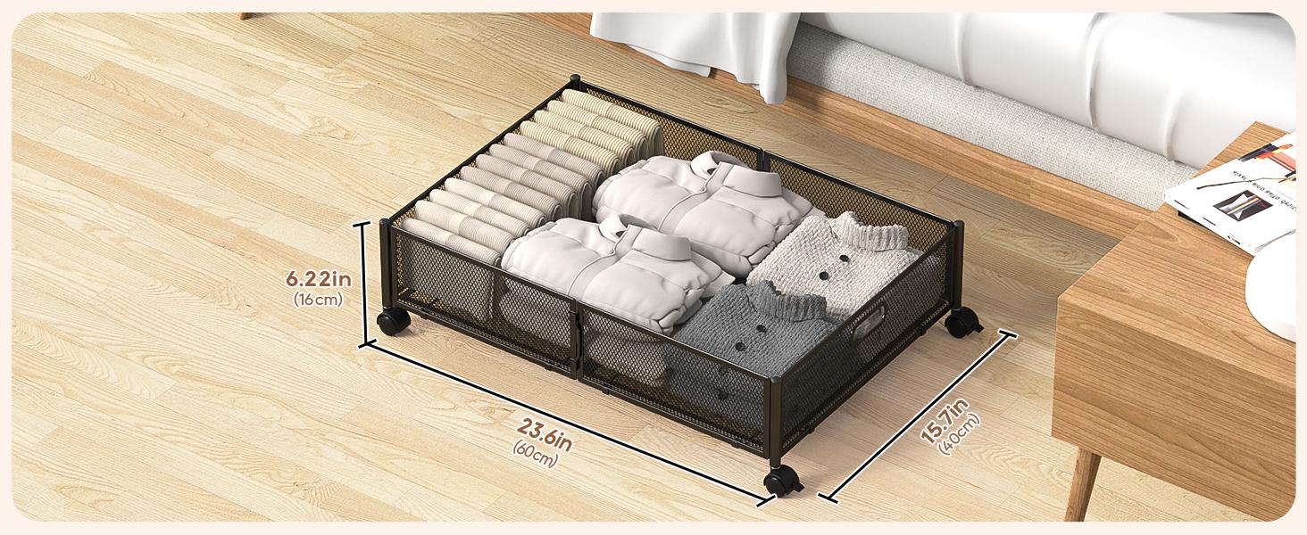 Bed Storage with wheels, Under the Bed Storage Containers,Upgrade Crossed Iron Wire, Metal Rolling Underbed Storage Containers for Bedroom Clothes Shoes Blankets-2 Pack,Black