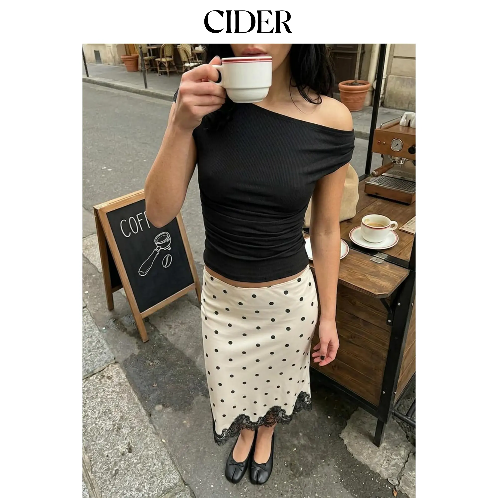 Cider Satin Mid Rise Polka Dot Lace Trim A-line Midi Skirt