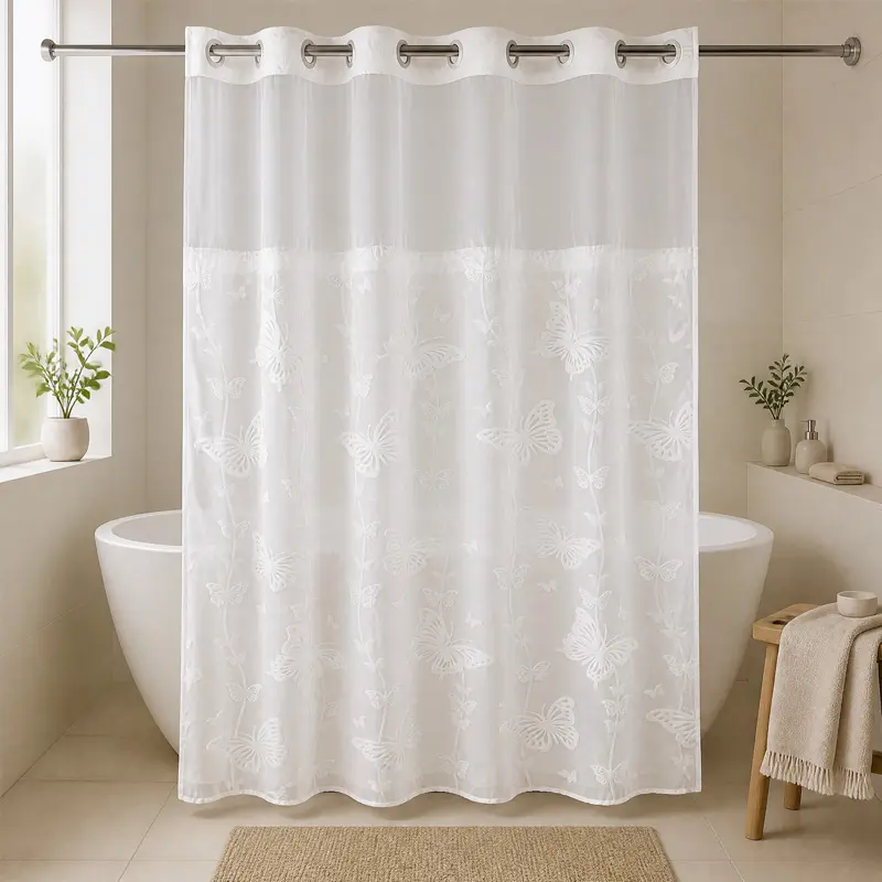 Butterfly Flocked Shower Curtain, 3D Textured Floral Bathroom Curtain, Elegant White Fabric Shower Curtain for Home Hotel Decor, 72x75 Inch