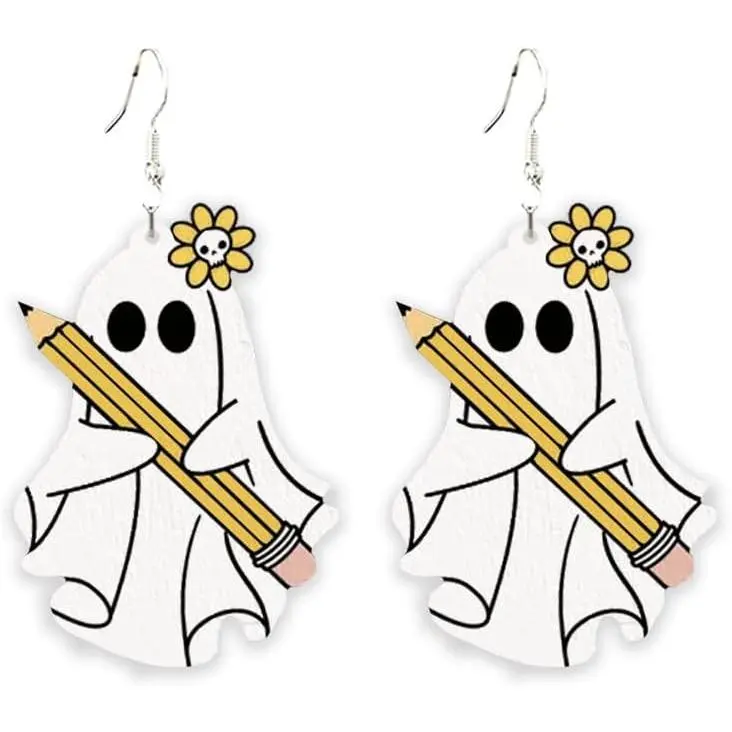Women's Halloween Cartoon Print Wooden Pendant Earrings - Cute Pumpkin Skeleton Ghost Shape Design for Female Wear, Halloween Parties, Women's Fashion, Cartoonish, Cute Look, Printed, Single Pair