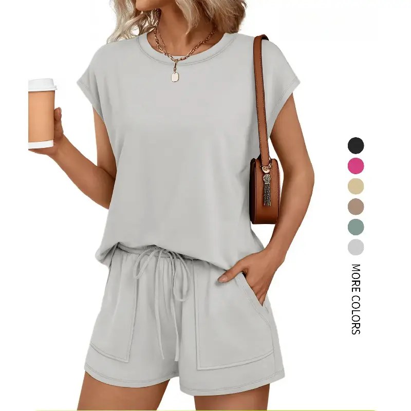 Women's casual suit, solid color curved hem T-shirt and adjustable drawstring waist shorts set, casual cap sleeve T-shirt and pocket shorts, summer casual wear, structured top