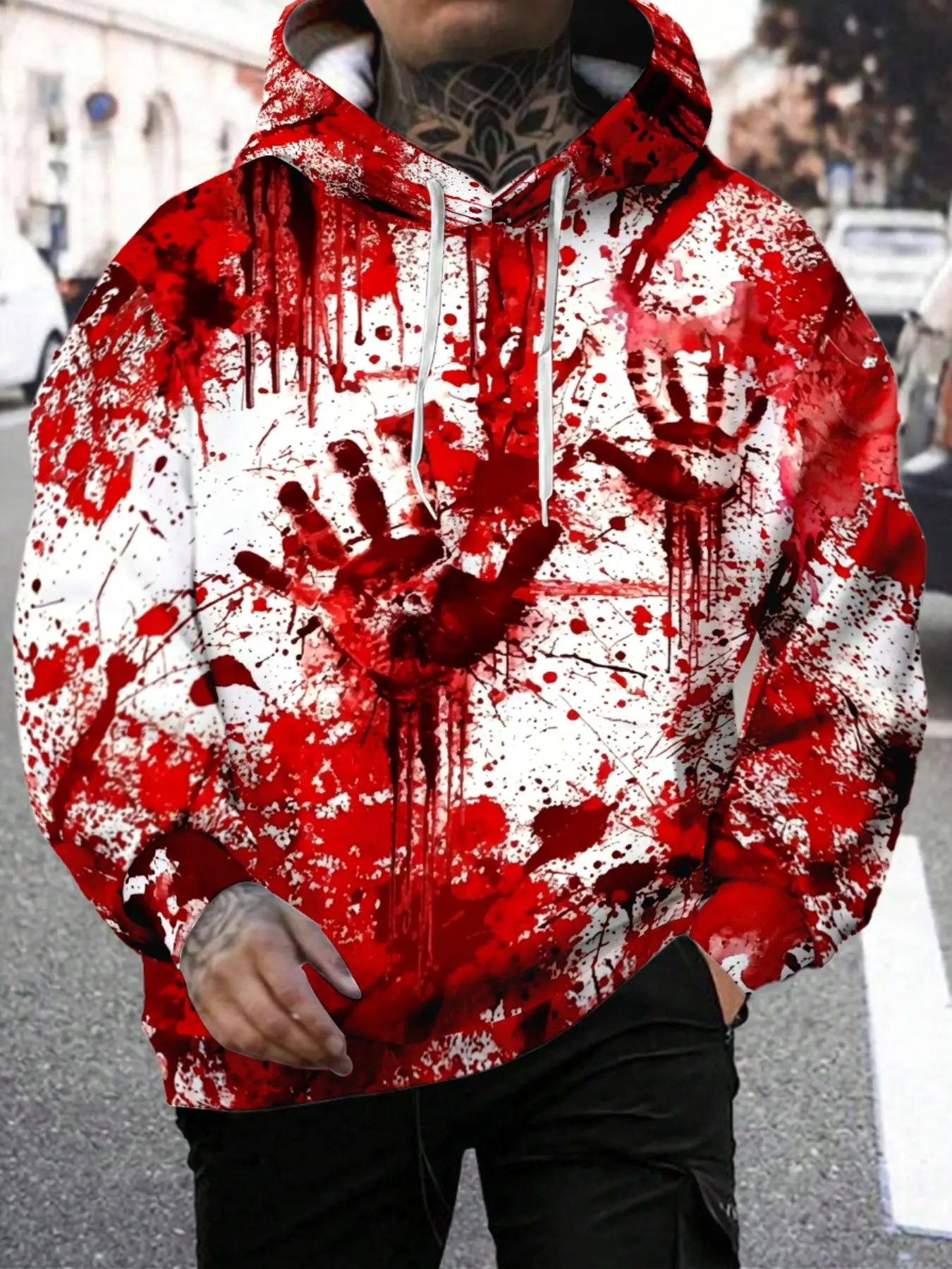 Men's Hooded Sweatshirt, Base Blood Handprint Splatter Print, Halloween Dark Personality Top, Party, Festival, Daily Wear