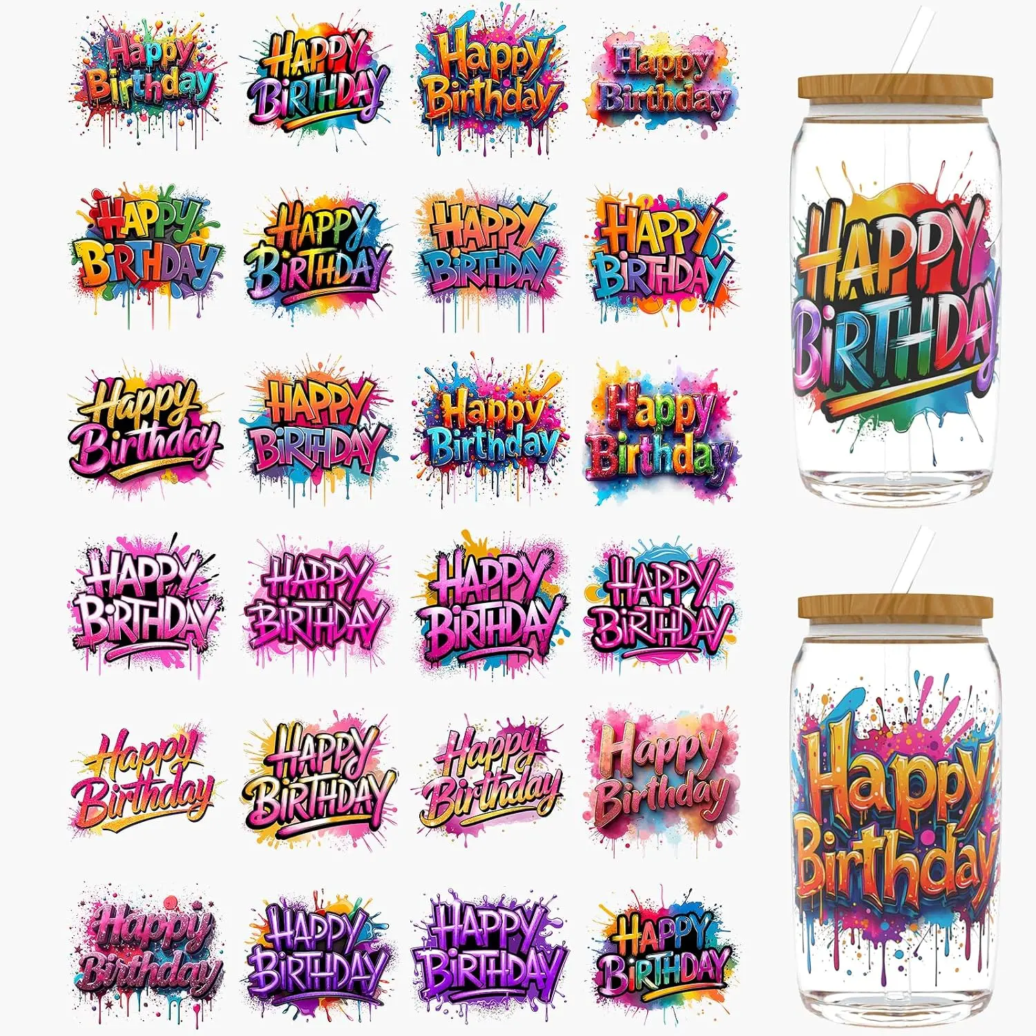 UV DTF Stickers 24 count Happy birthday UV DTF Cup Wrap for 16 oz |  Colors,  Adhesion, Cold Transfer Printing, with UV Protective Layer, Wide  Selection