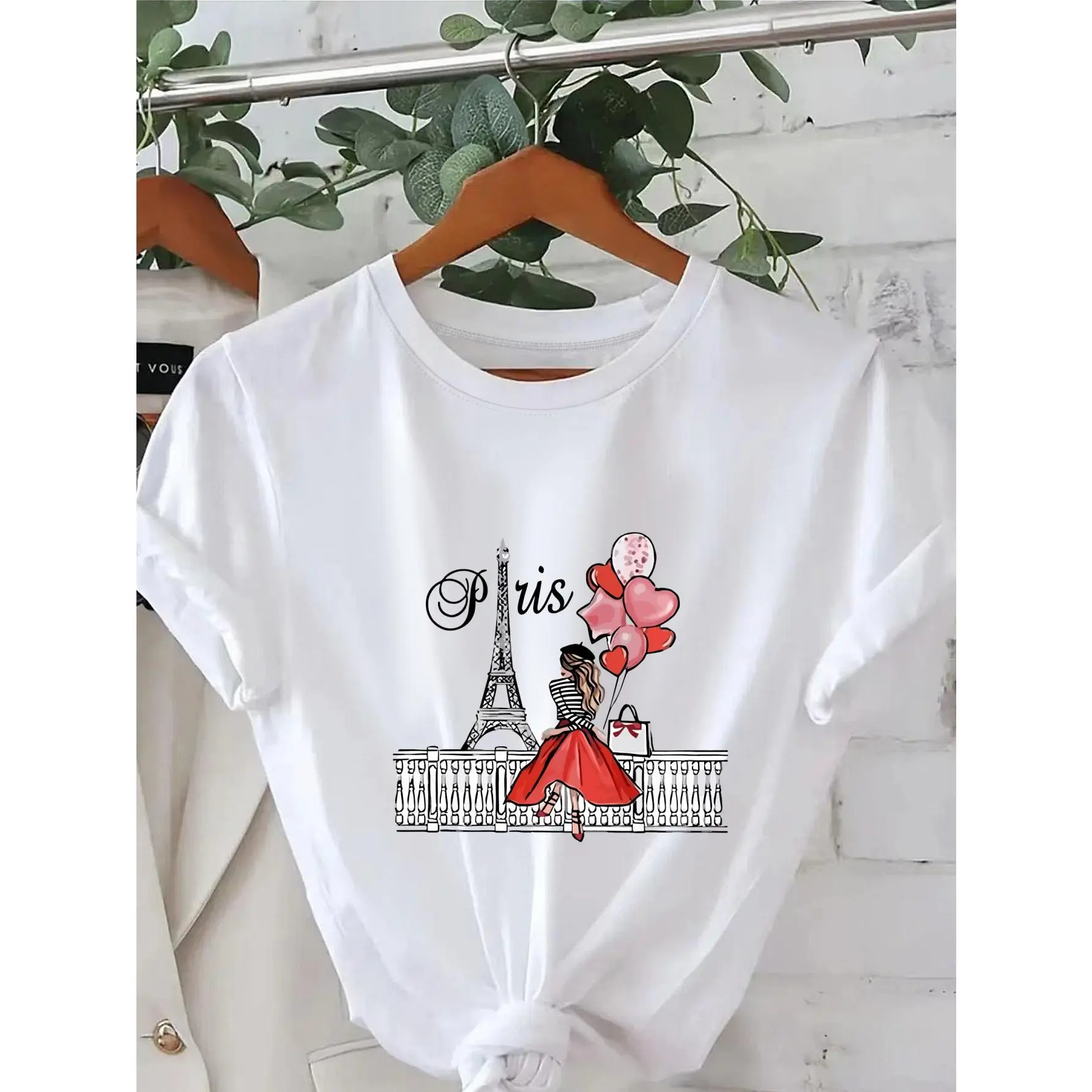 Women's Casual Short-Sleeve Polyester Fabric Patterned Print Round Neck T-Shirt with Size Label, Shortsleeve, Tops