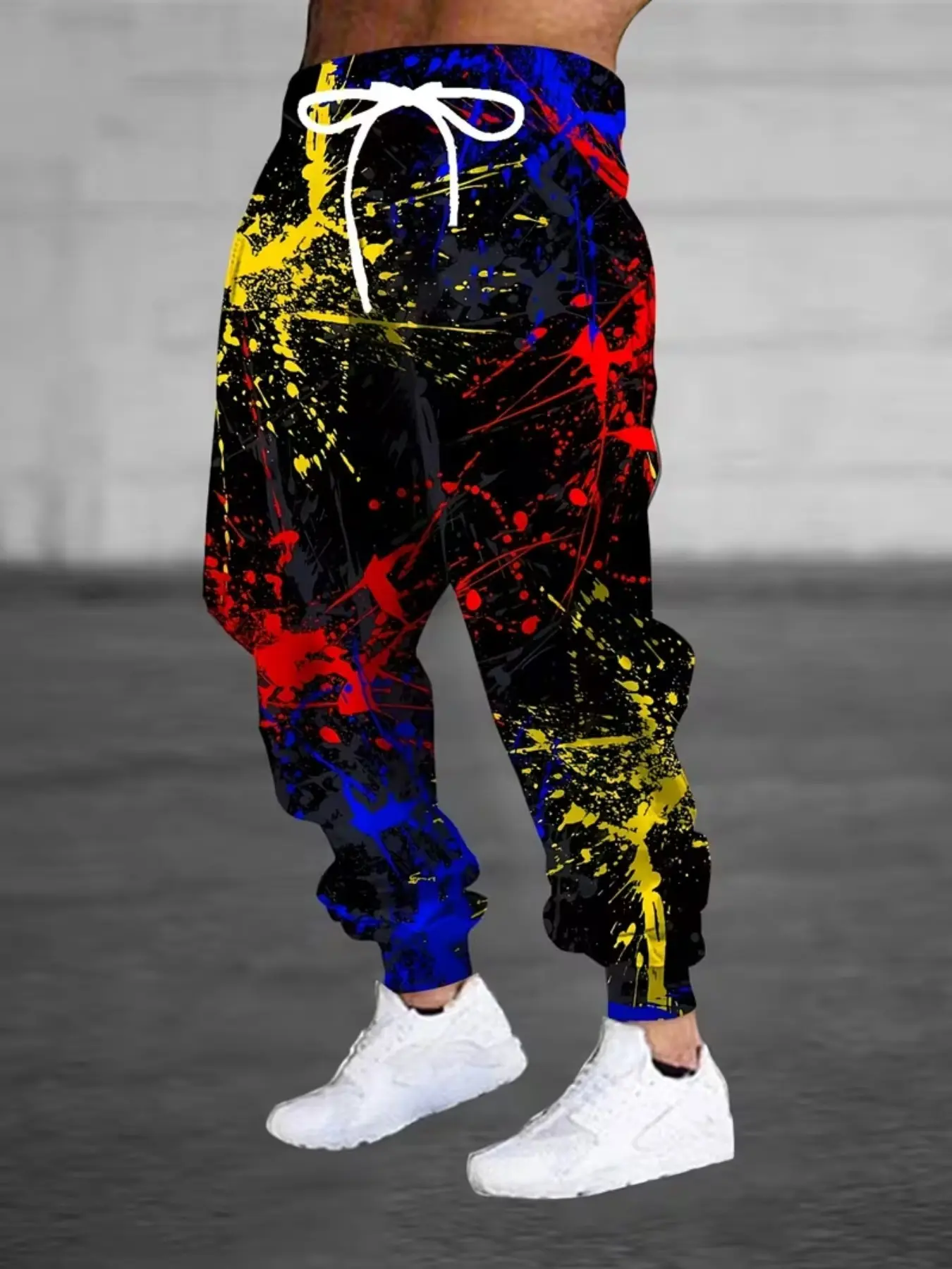Men's Fashion 3D Colorful Splatter Print Sports Pants, Drawstring and Pockets, Comfortable Casual Long Pants, Home Sleepwear