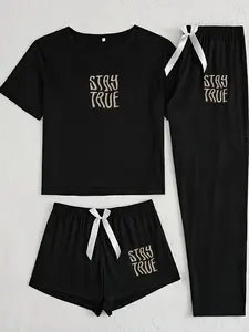 Three-Piece Pajama Set for Women, Stay Ture Random Print, Casual Loose-Fitting Sleepwear, All-Season Comfortable Nightgown